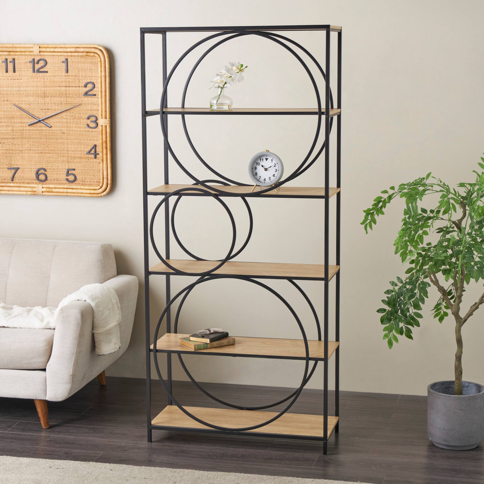 32" x 71" Black Metal Circle Storage Shelving Unit with Black Metal Frame